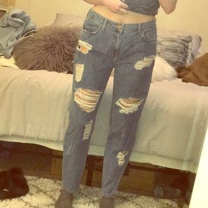 High Waisted Boyfriend Ripped Jeans